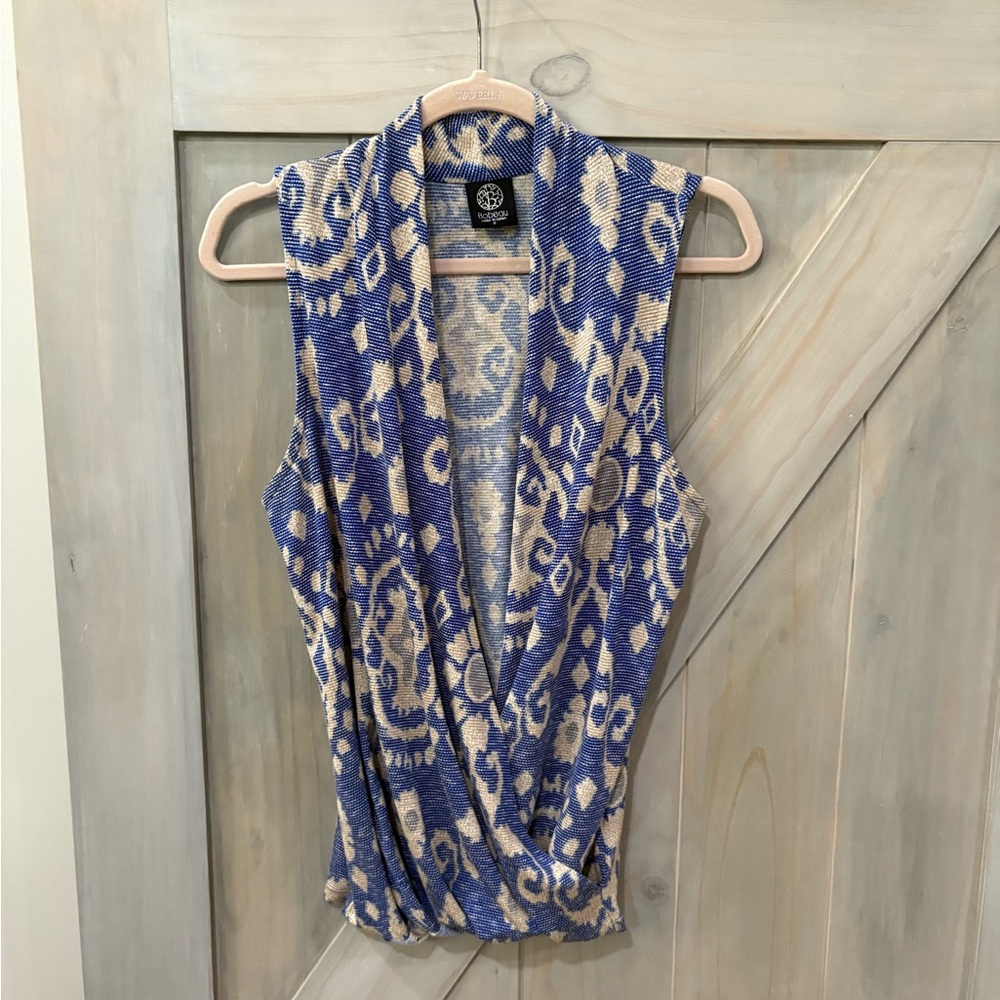 Bobeau Blue and Tan Sleeveless Top